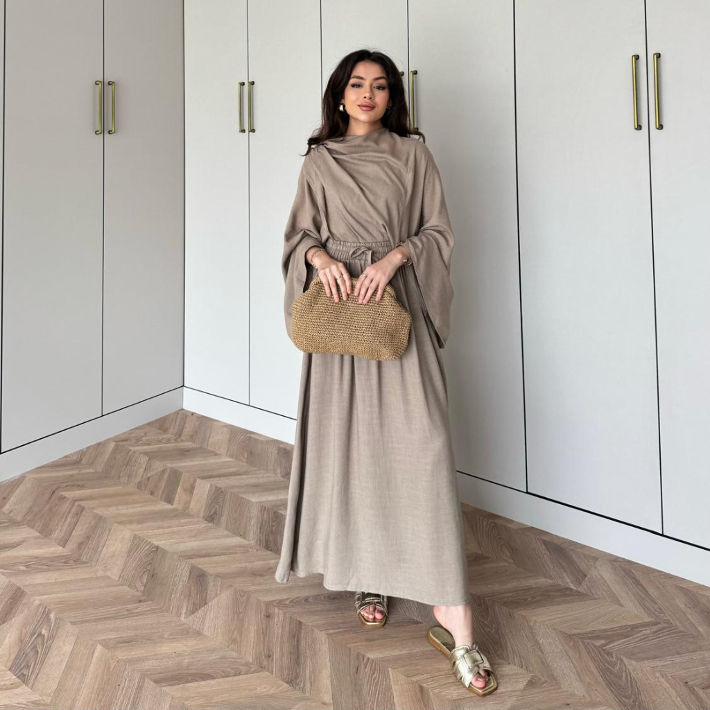 Draped Linen Scarf Detail Skirt Co-ord Beige
