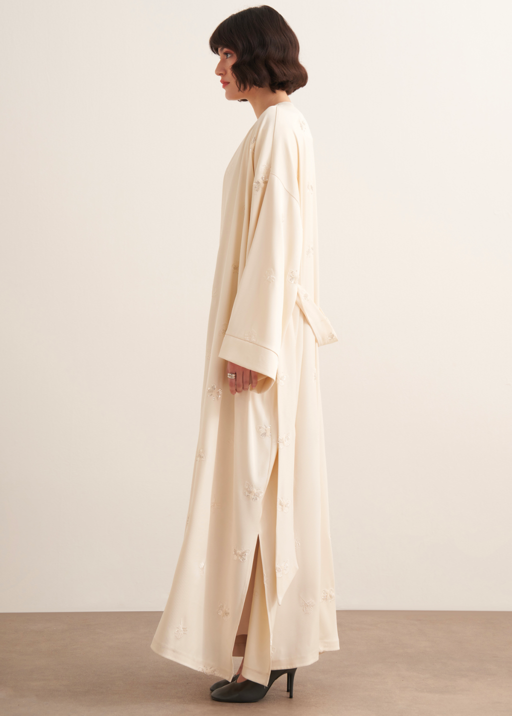 Beaded Maxi Kimono Abaya Ecru