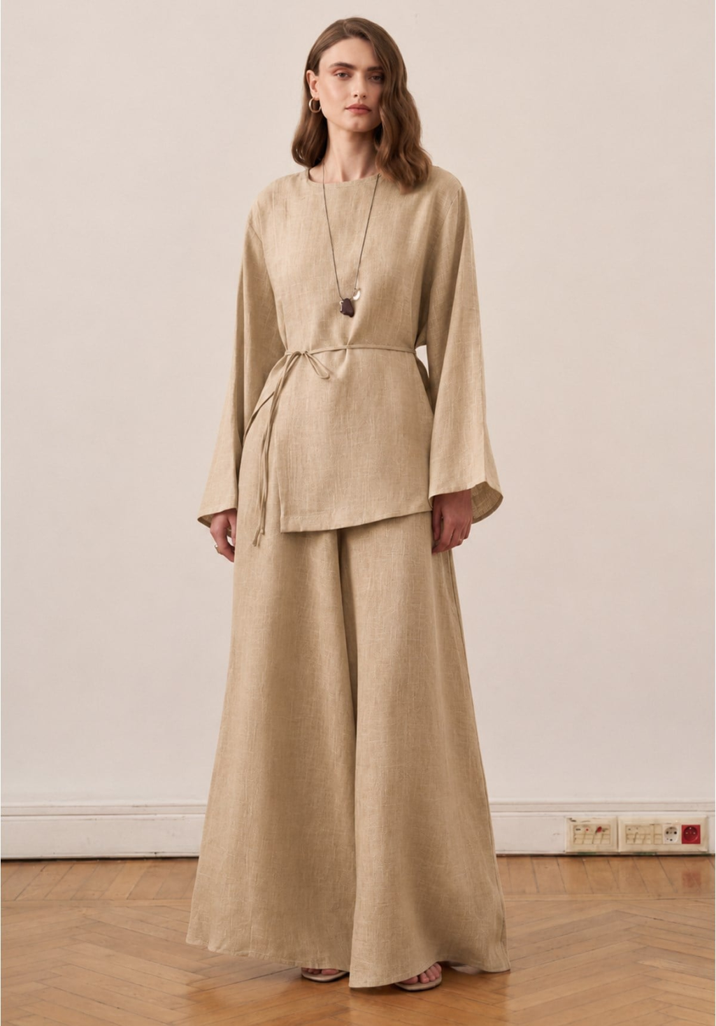 Aliza Belted Linen Blouse - Moss Beige