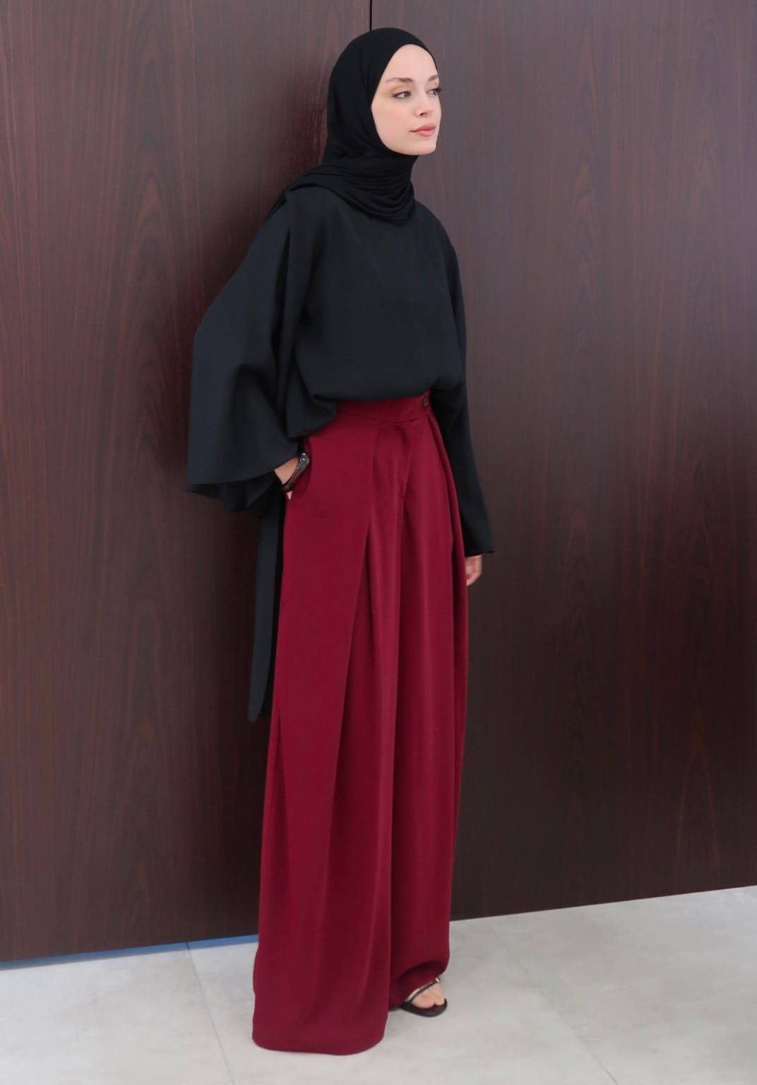 Lena Ruffled Wide Leg Trousers Burgundy