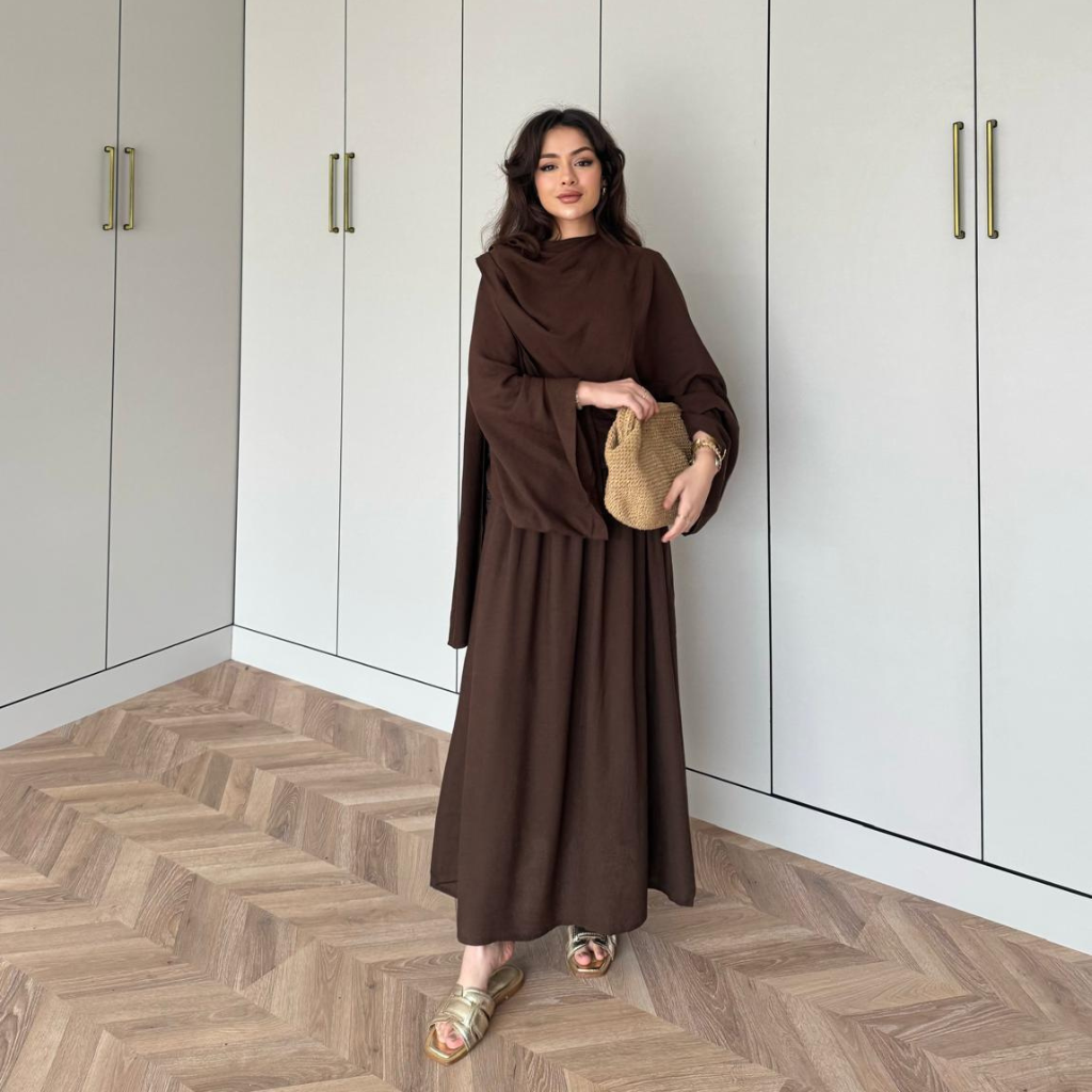 Draped Linen Scarf Detail Skirt Co-ord Brown