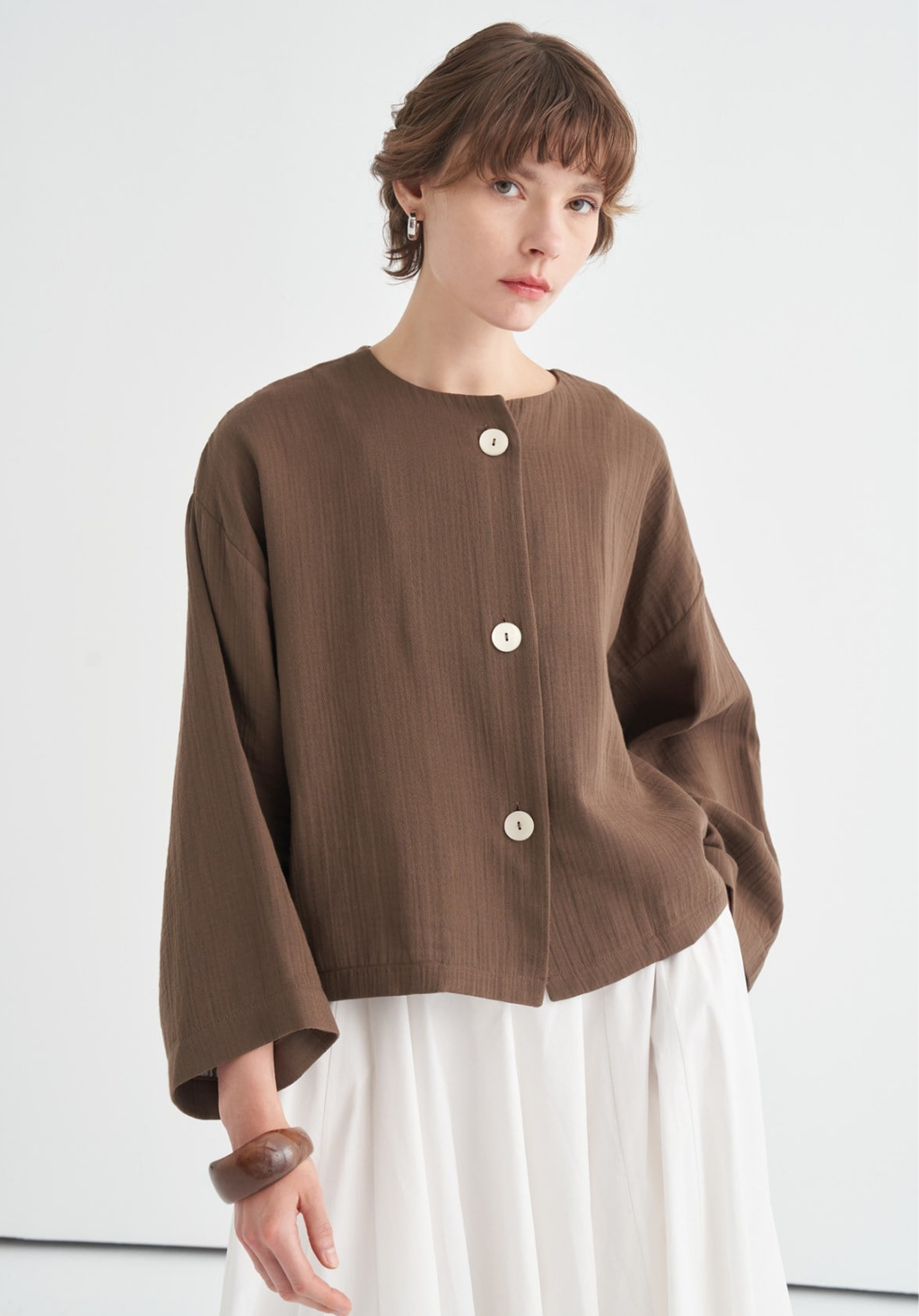Cleo Mother-of-Pearl Buttoned Muslin Jacket Brown