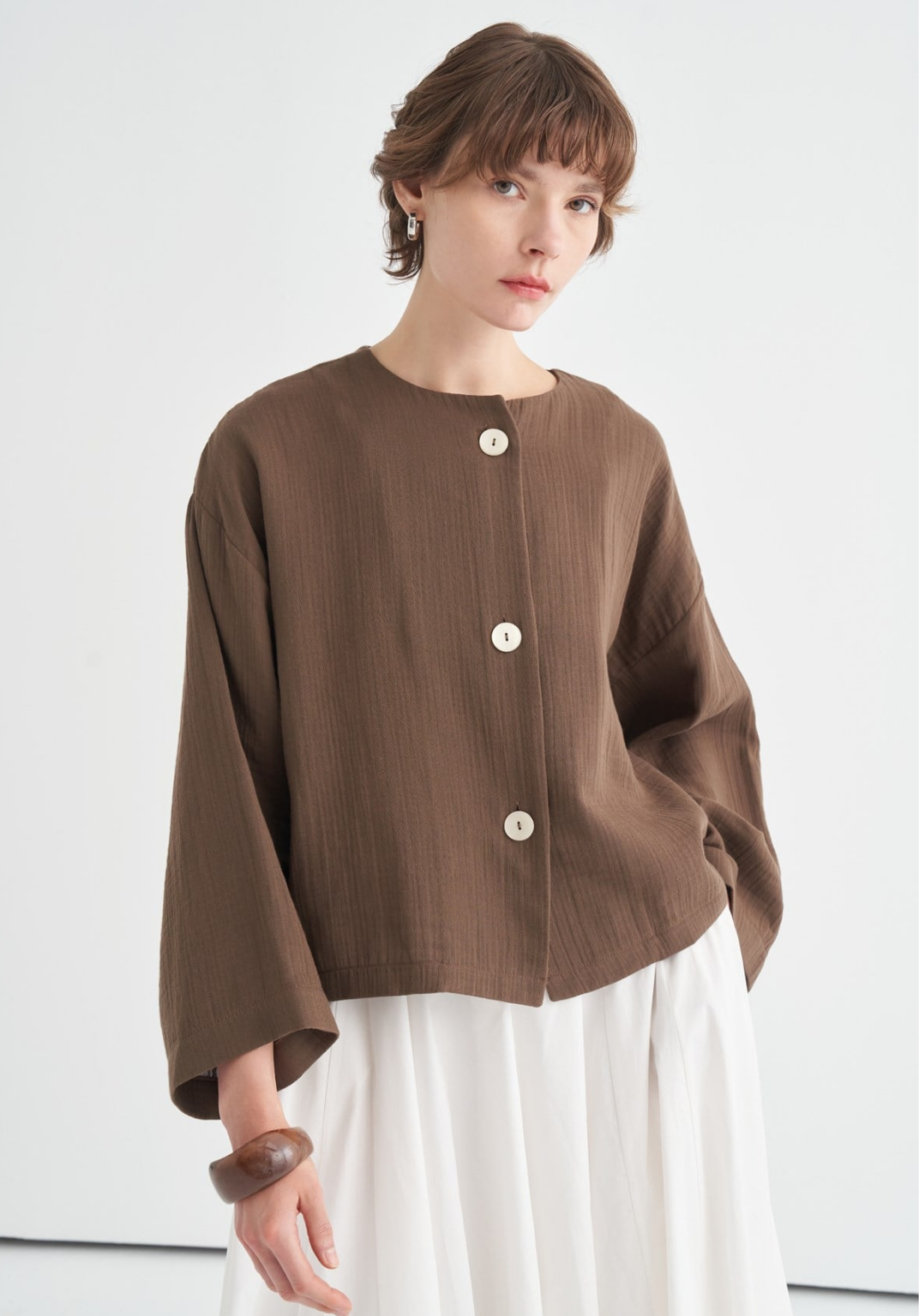 Cleo Mother-of-Pearl Buttoned Muslin Jacket Brown