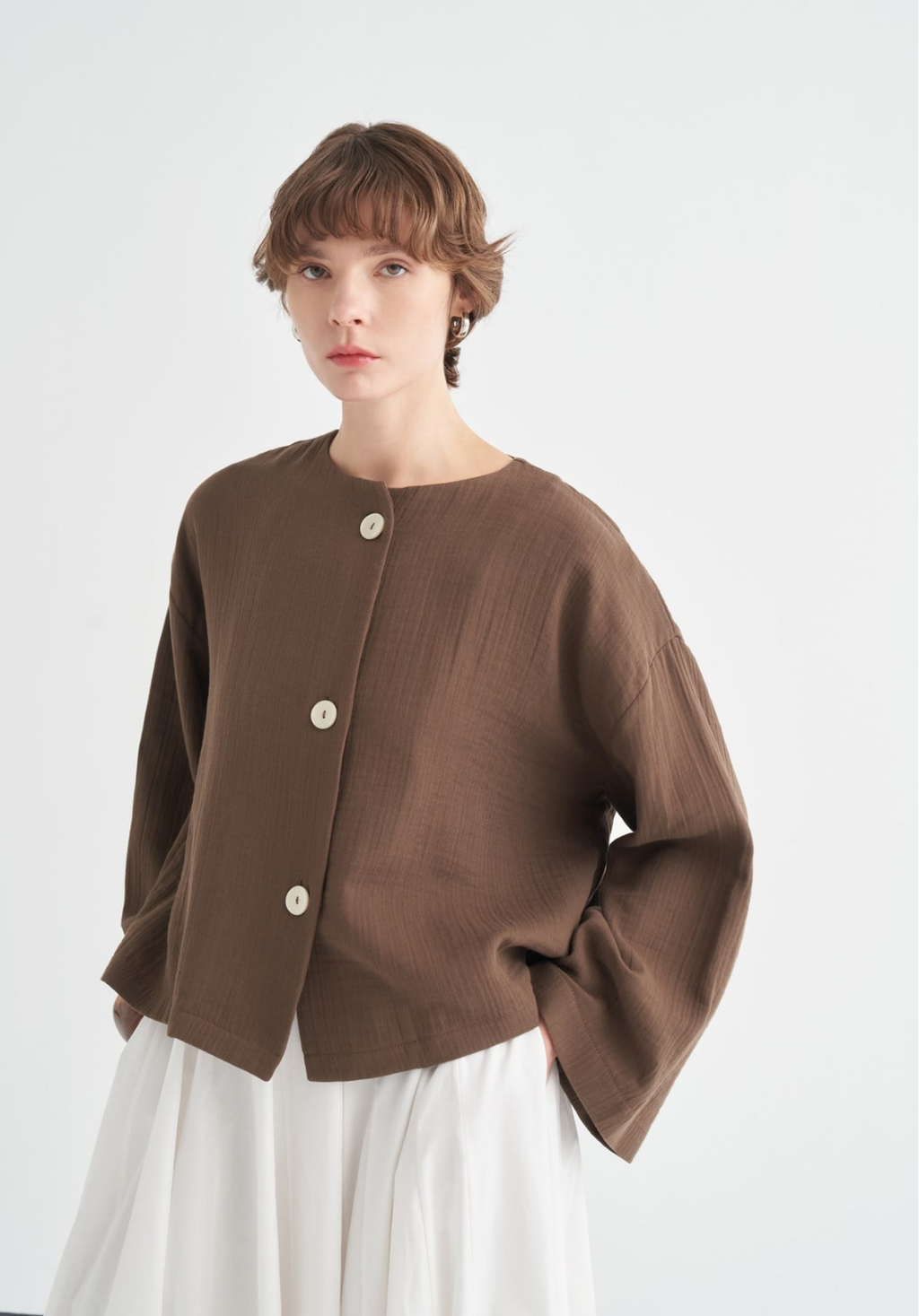 Cleo Mother-of-Pearl Buttoned Muslin Jacket Brown
