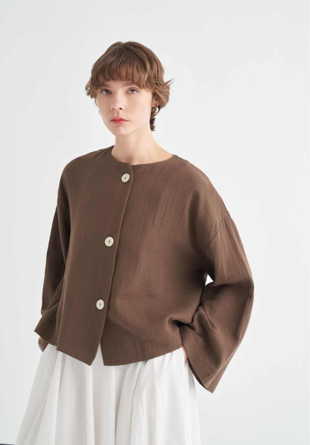 Cleo Mother-of-Pearl Buttoned Muslin Jacket Brown