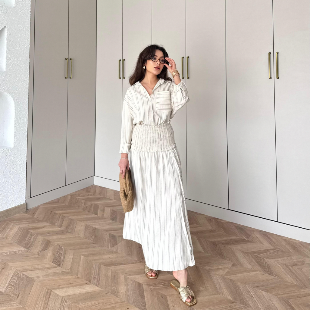 Striped Linen elastic waist skirt co-ord