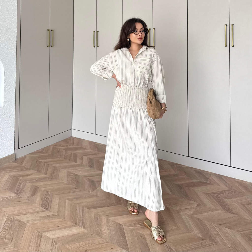 Striped Linen elastic waist skirt co-ord