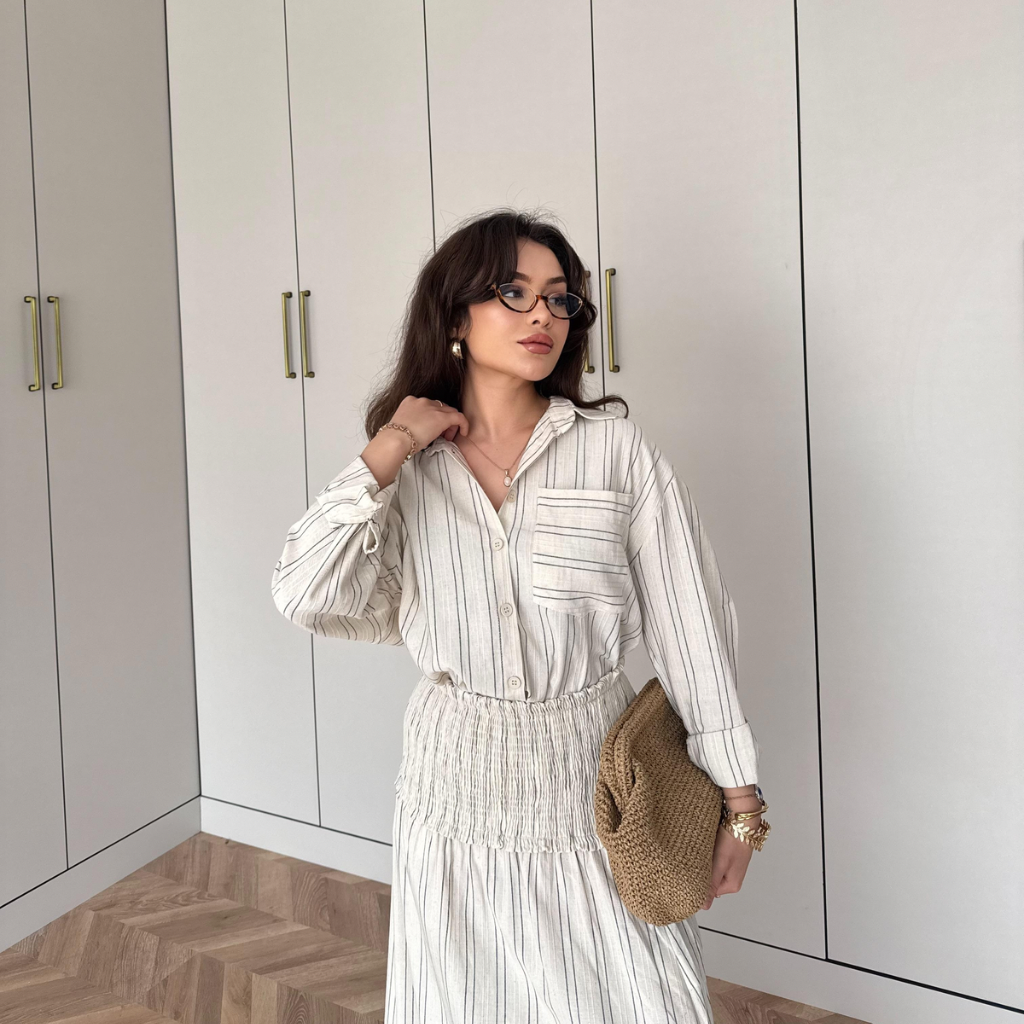 Striped Linen elastic waist skirt co-ord