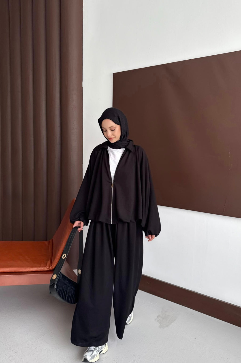 Oversized Modal Zipper Track Suit Set Black