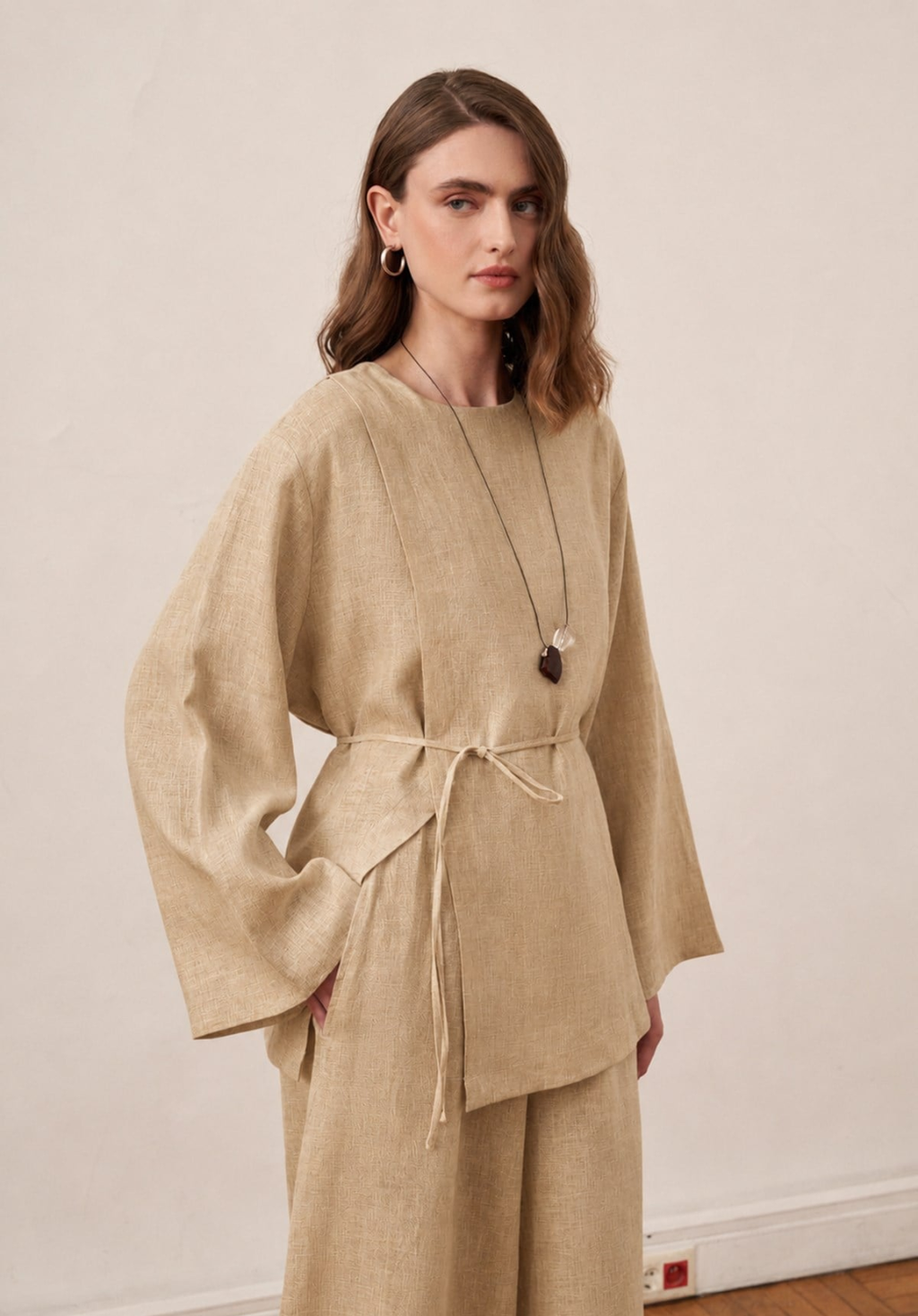 Aliza Belted Linen Blouse - Moss Beige