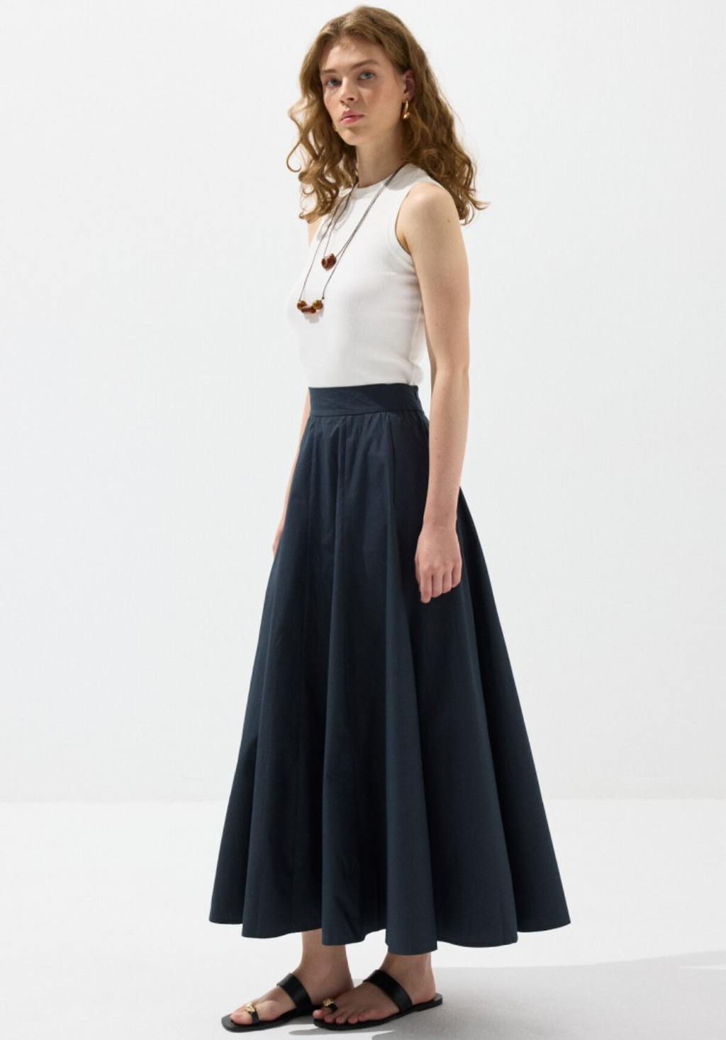 Navy Panelled Poplin Skirt