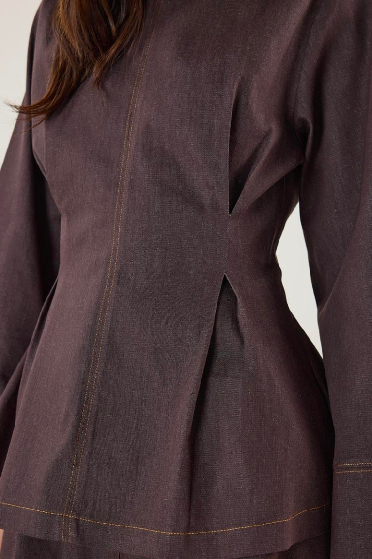 Crew Neck Pleated Denim Blouse – Brown