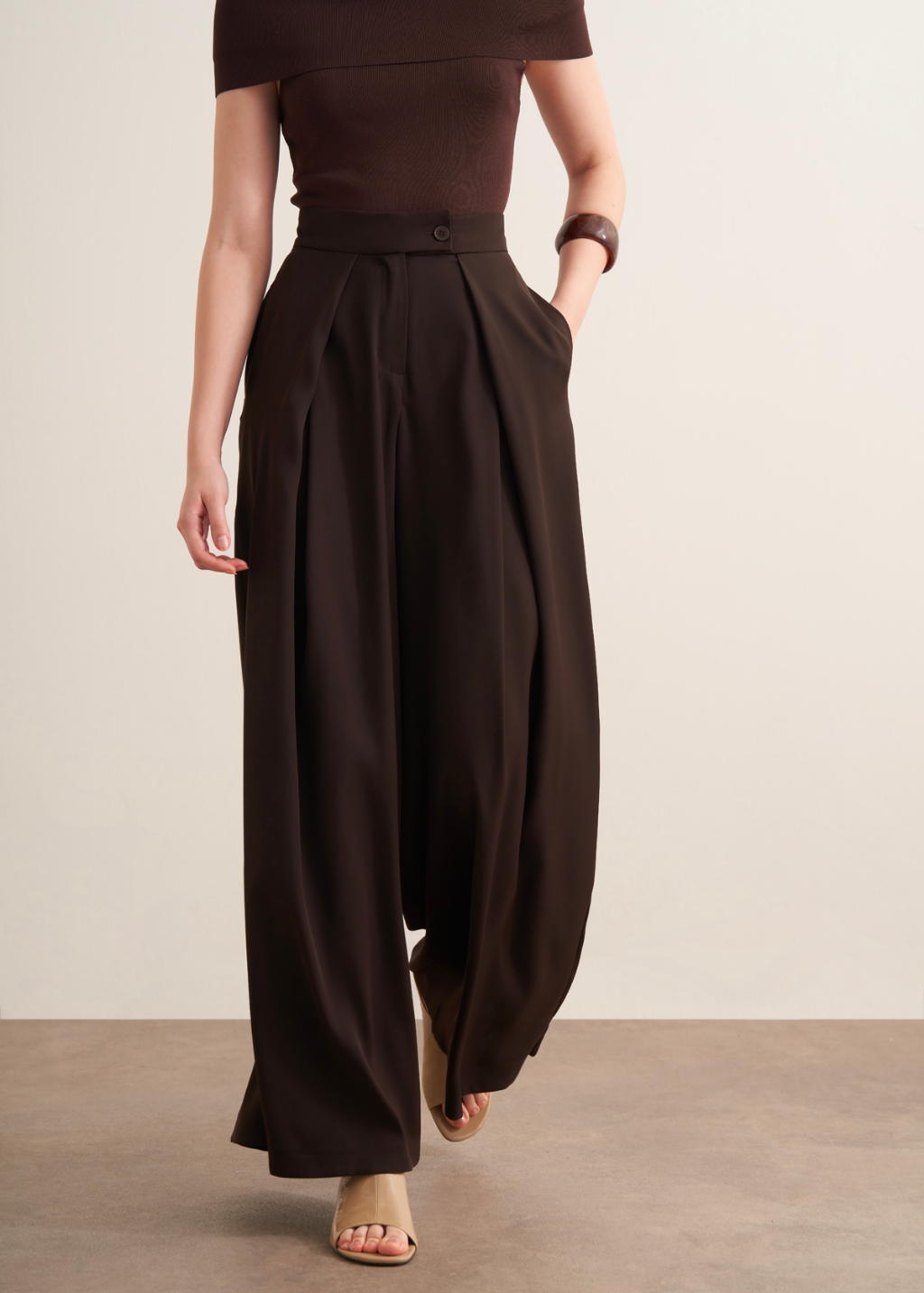 Lena Ruffled Wide Leg Trousers Brown