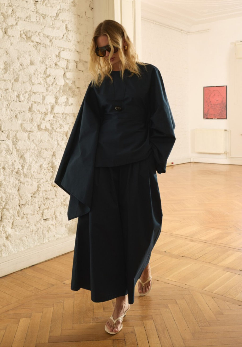 Navy Asymmetric Poplin Blouse with Adjustable Waist
