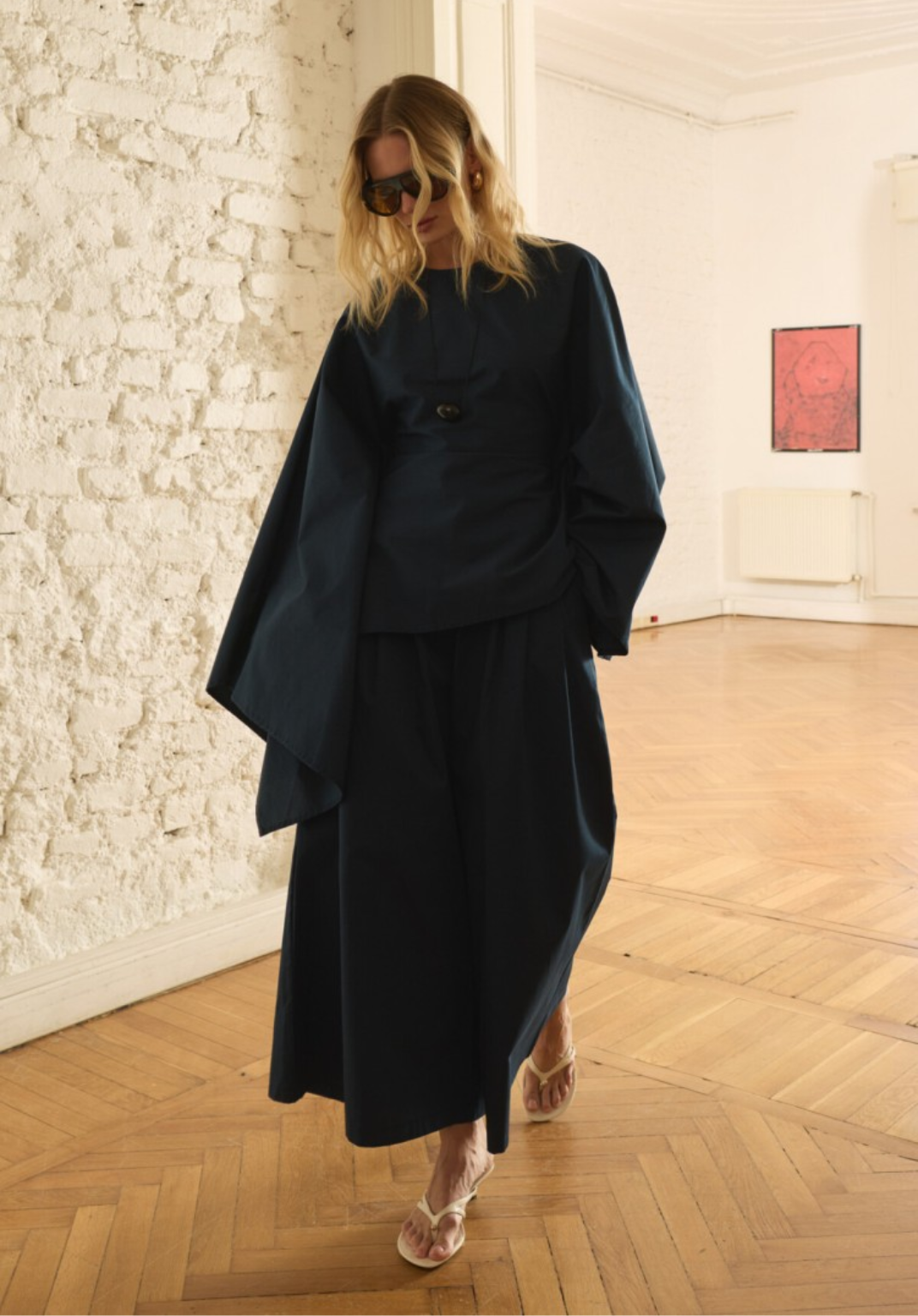 Navy Asymmetric Poplin Blouse with Adjustable Waist
