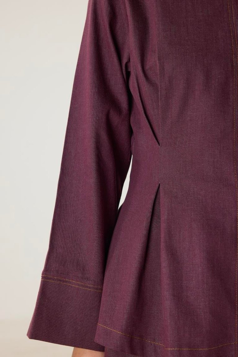 Crew Neck Pleated Denim Blouse – Burgundy