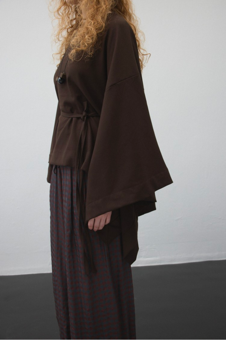 Brown Belted Cape Blouse