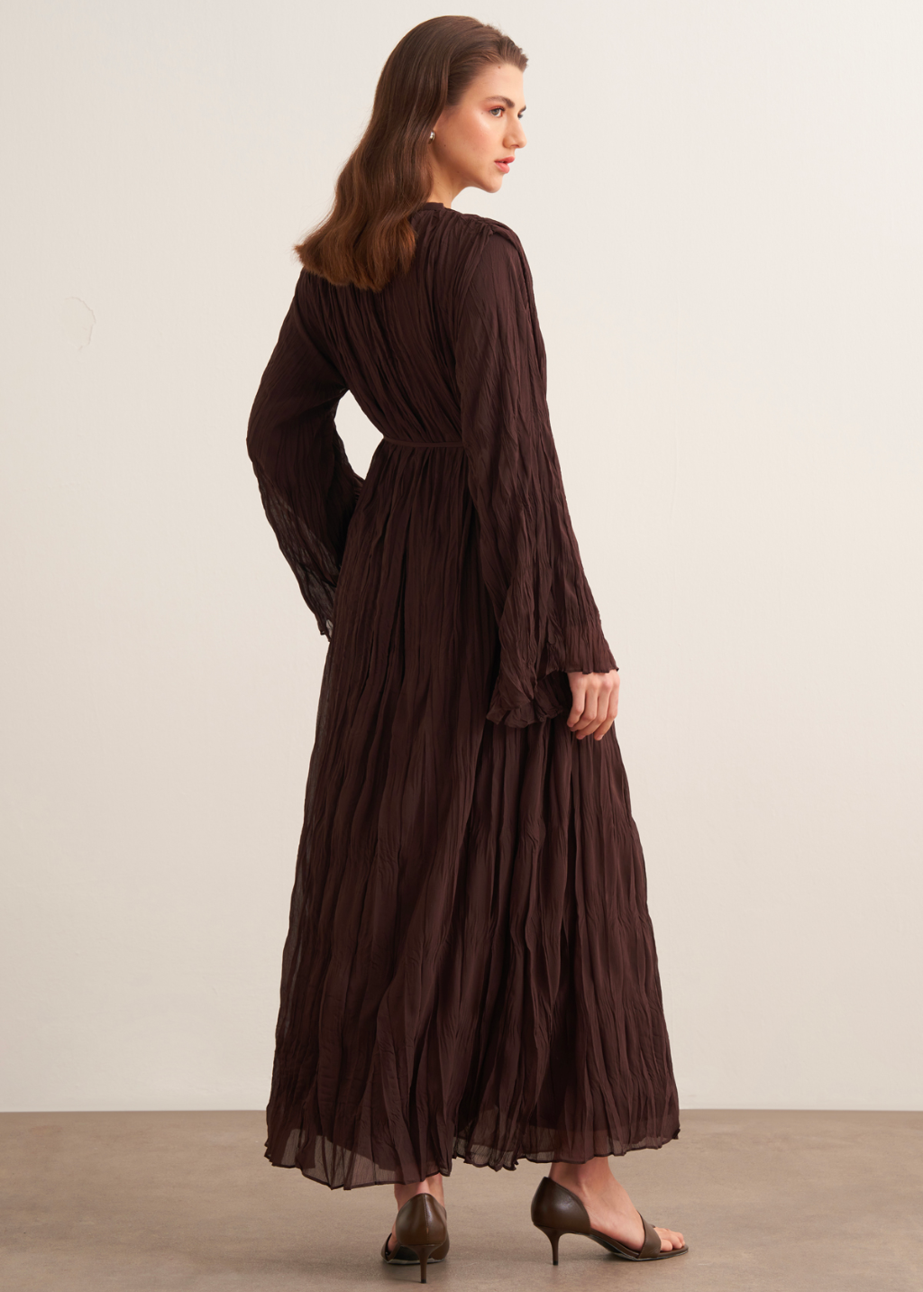 Crushed Chiffon Dress - Brown