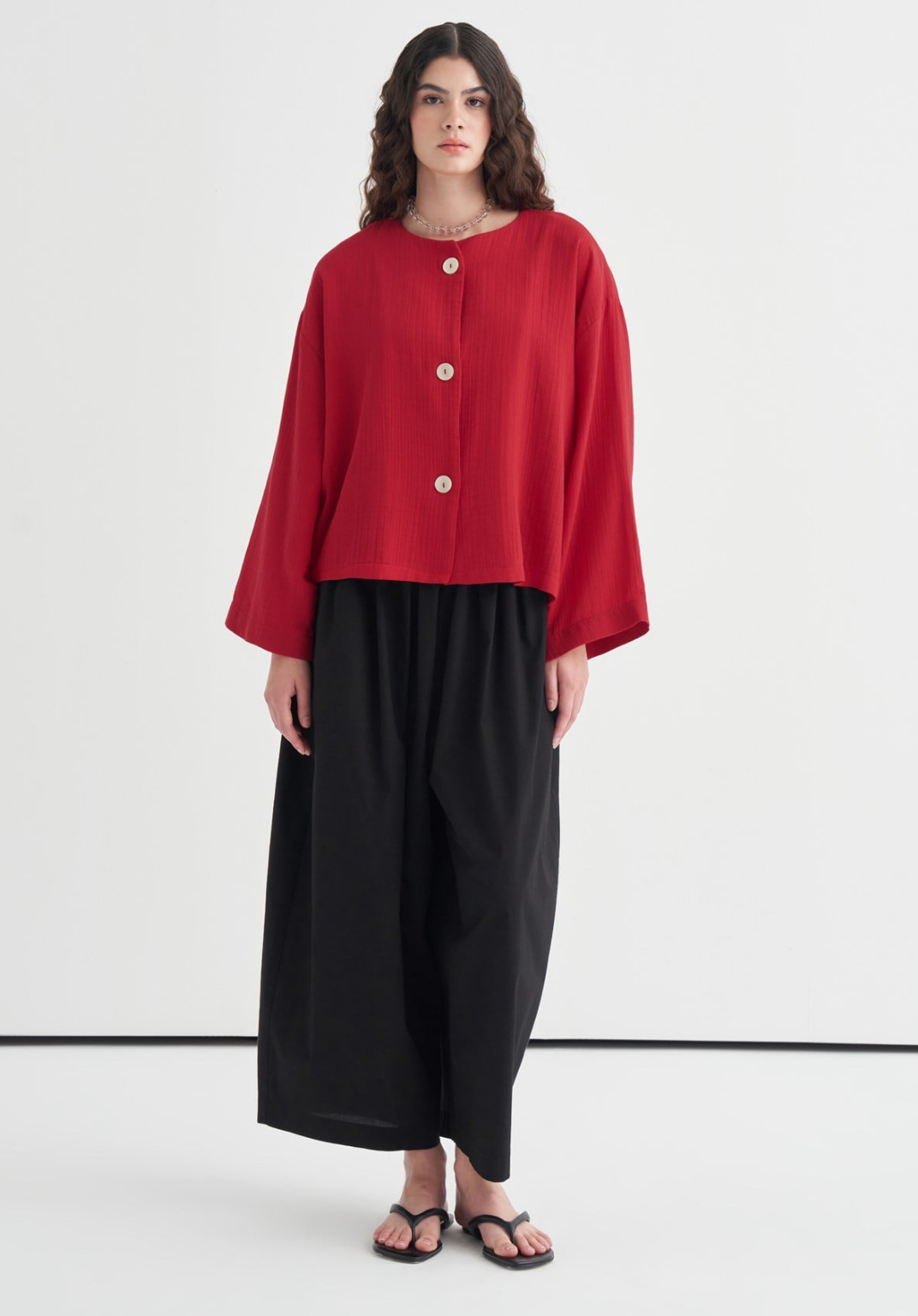 Cleo Mother-of-Pearl Buttoned Muslin Jacket Red