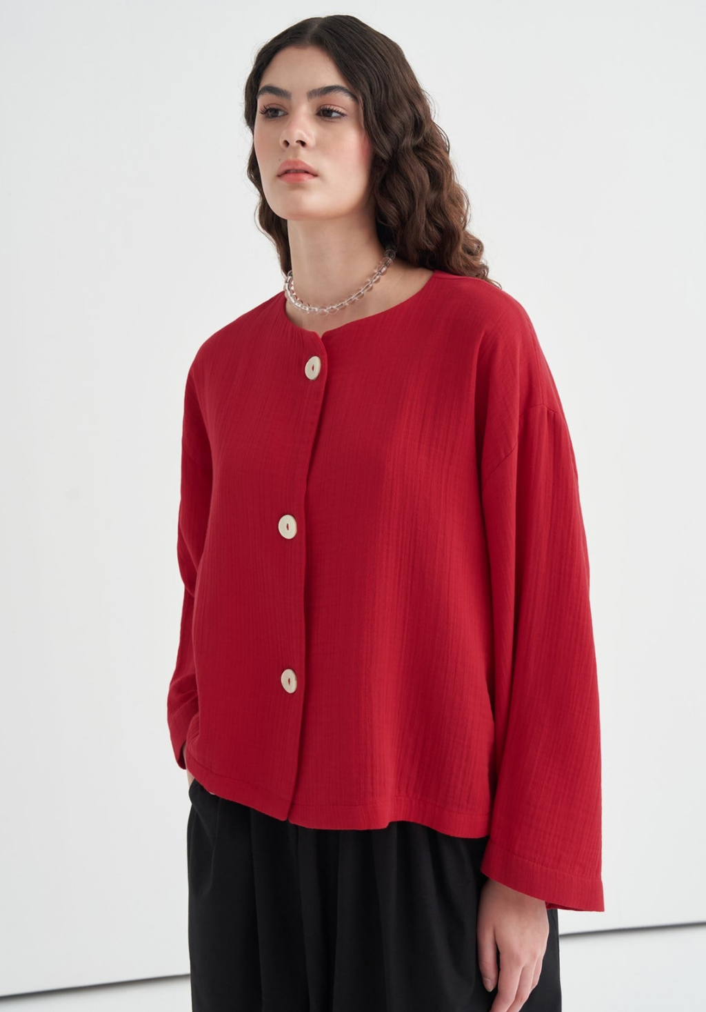 Cleo Mother-of-Pearl Buttoned Muslin Jacket Red