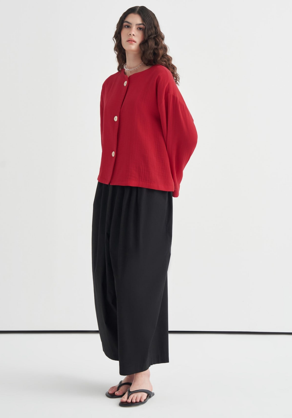 Cleo Mother-of-Pearl Buttoned Muslin Jacket Red