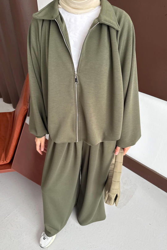 Oversized Modal Zipper Track Suit Set Khaki