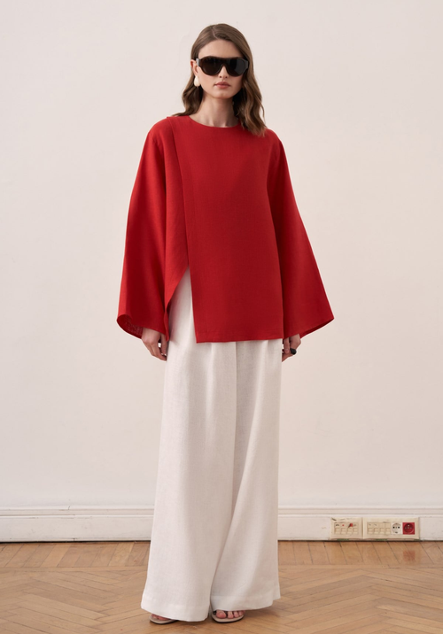 Aliza Belted Linen Blouse - Red