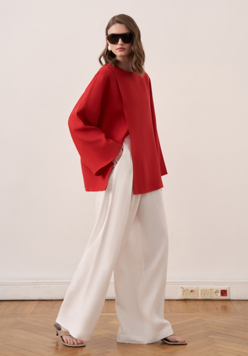 Aliza Belted Linen Blouse - Red