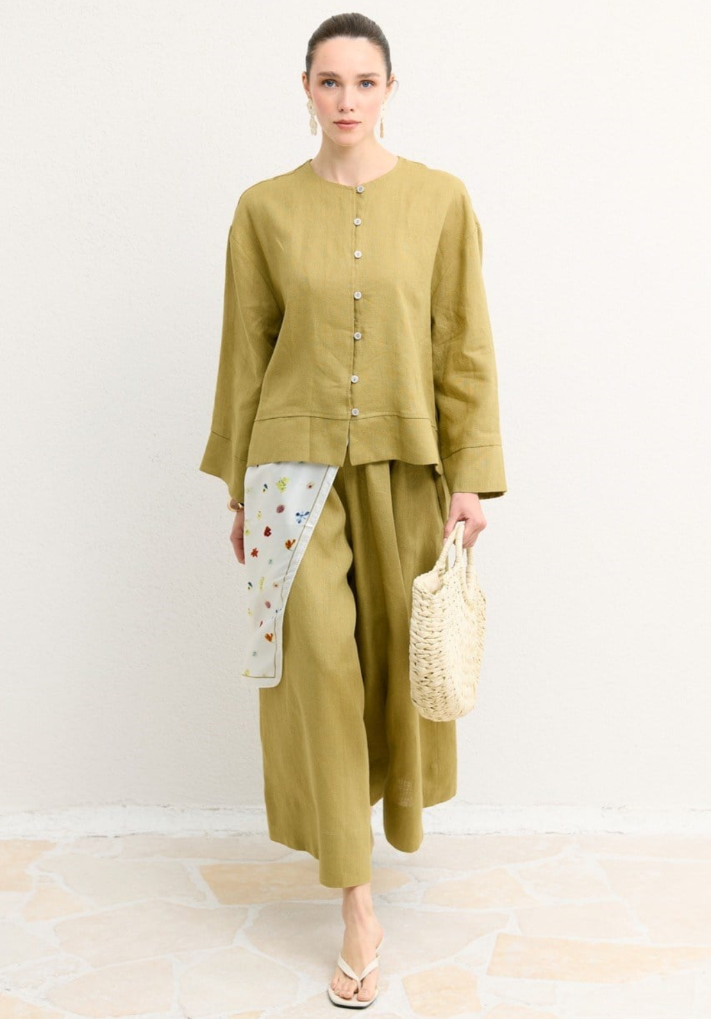 Hala Button Detail Organic Linen Shirt – Olive