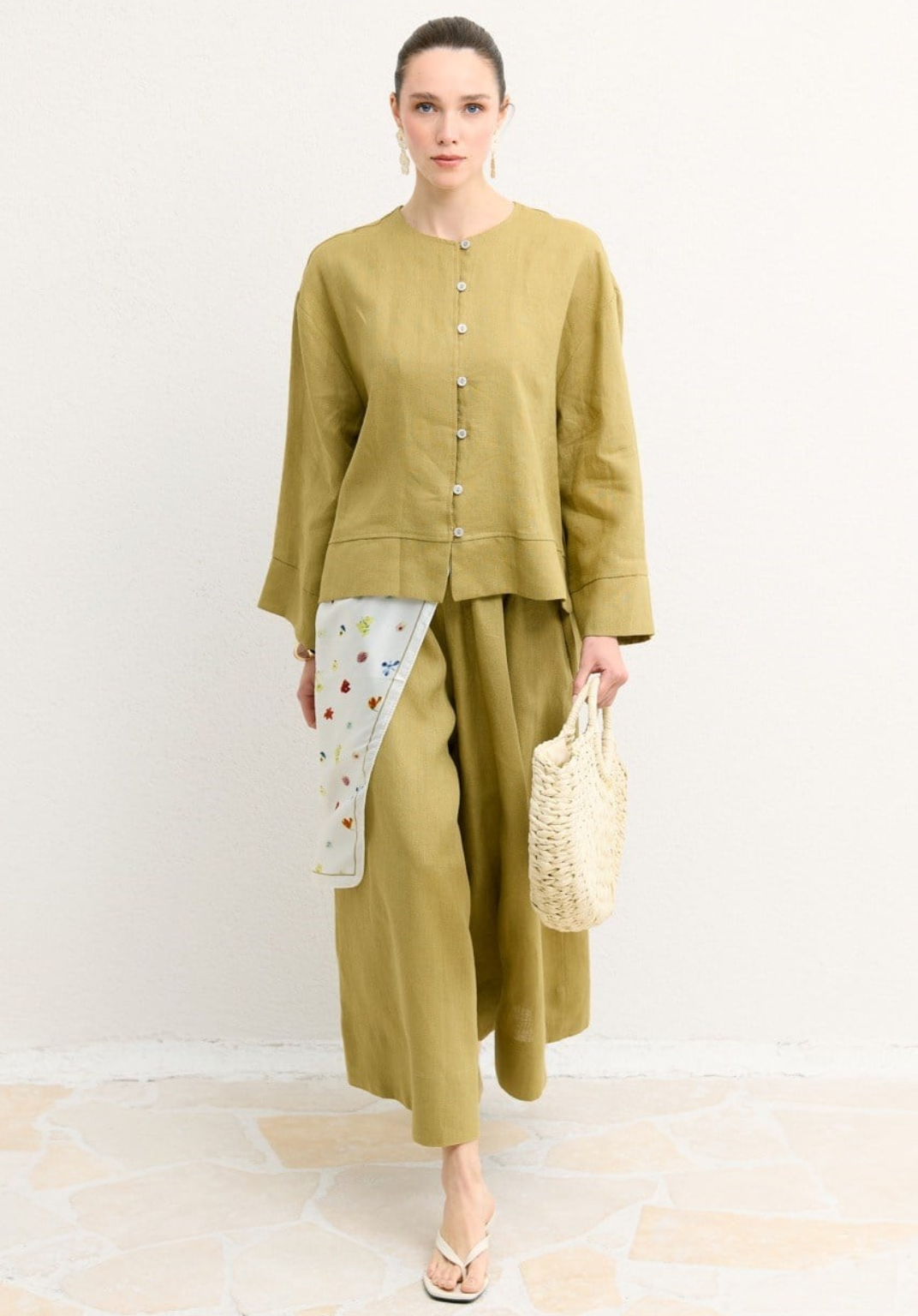 Hala Button Detail Organic Linen Shirt – Olive
