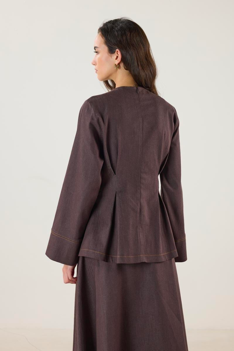 Crew Neck Pleated Denim Blouse – Brown