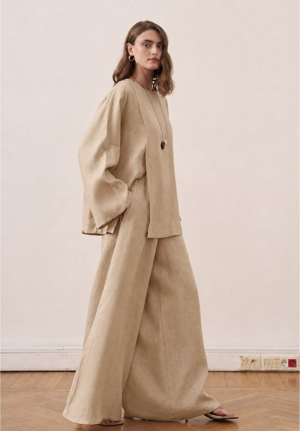 Aliza Belted Linen Blouse - Moss Beige
