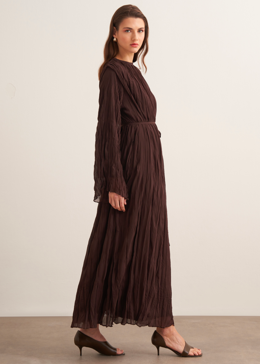 Crushed Chiffon Dress - Brown