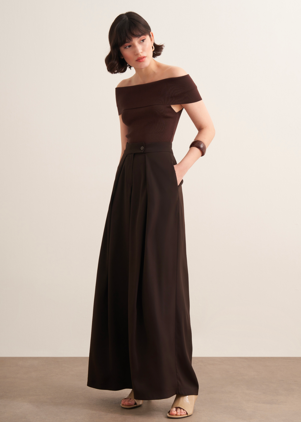 Lena Ruffled Wide Leg Trousers Brown