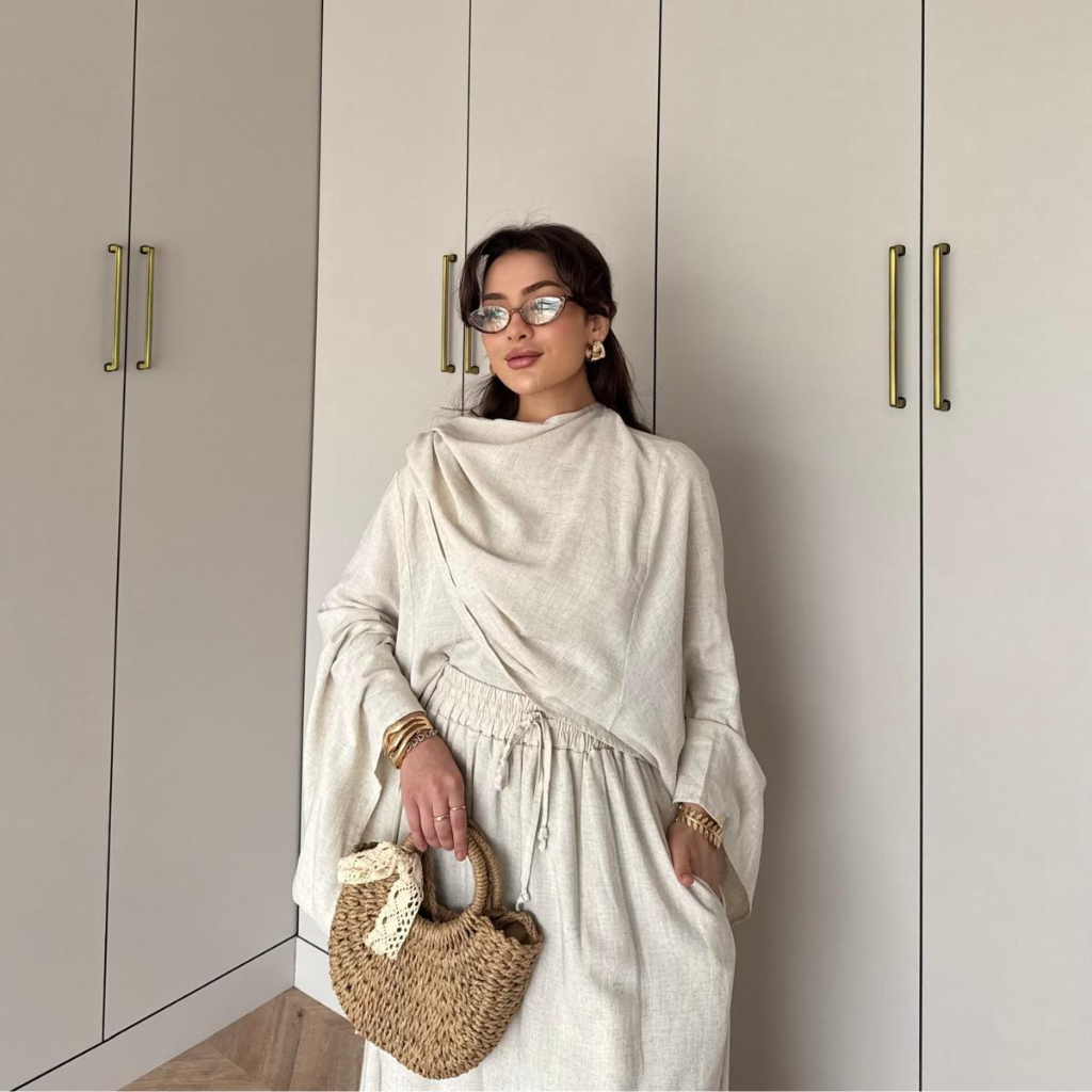 Draped Linen Scarf Detail Skirt Co-ord Off-White