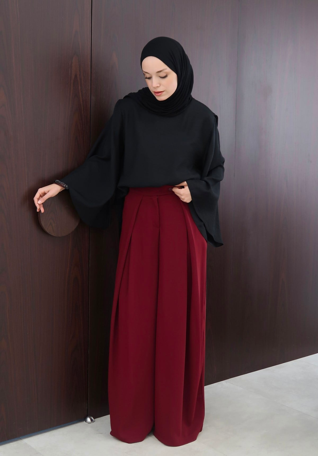 Lena Ruffled Wide Leg Trousers Burgundy