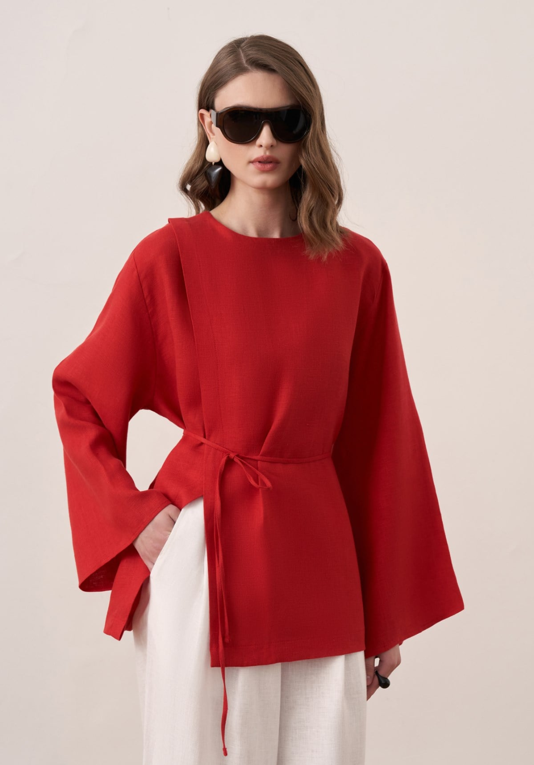 Aliza Belted Linen Blouse - Red