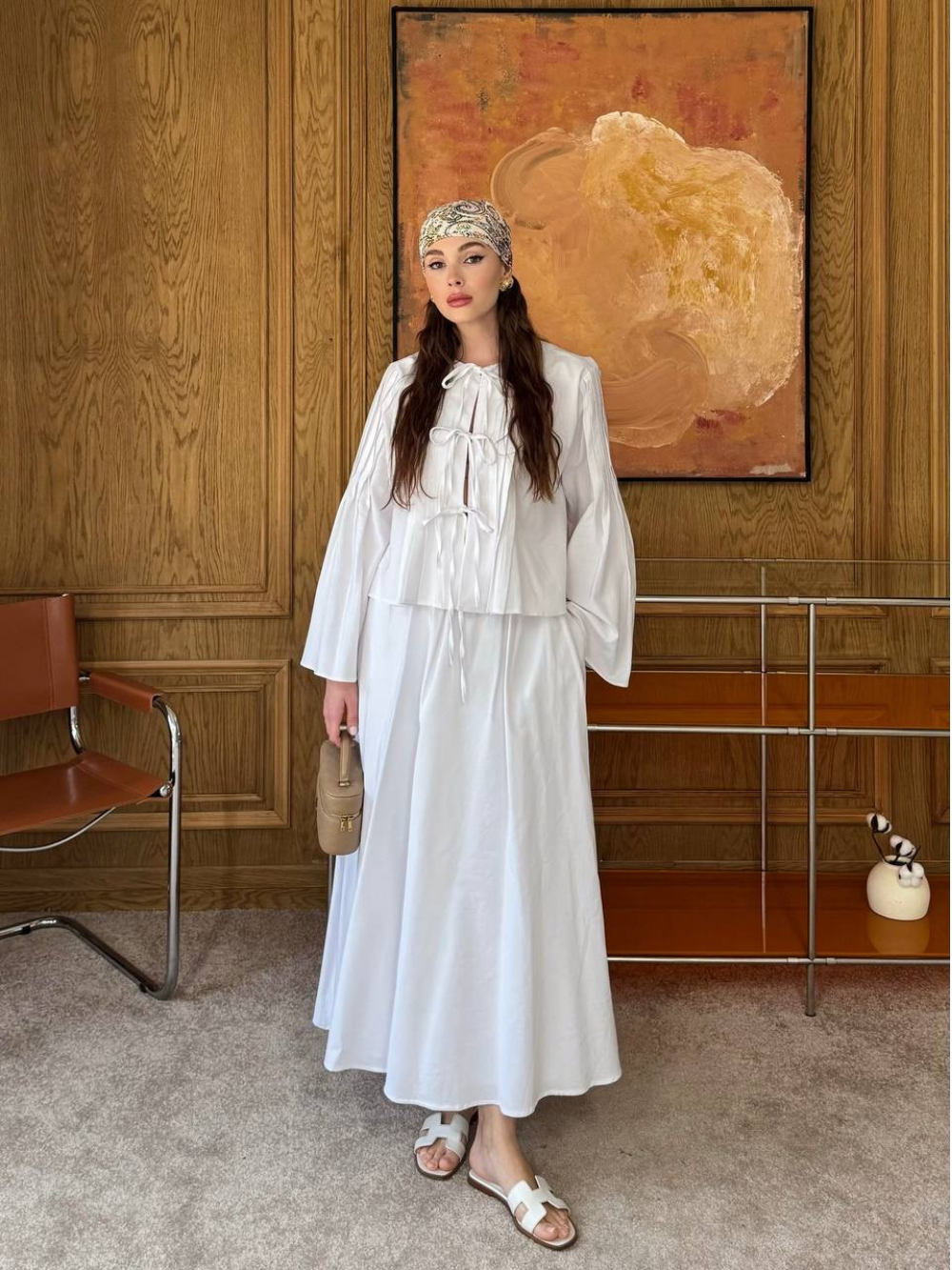 Front Tie Detail Linen Skirt Co-Ord White