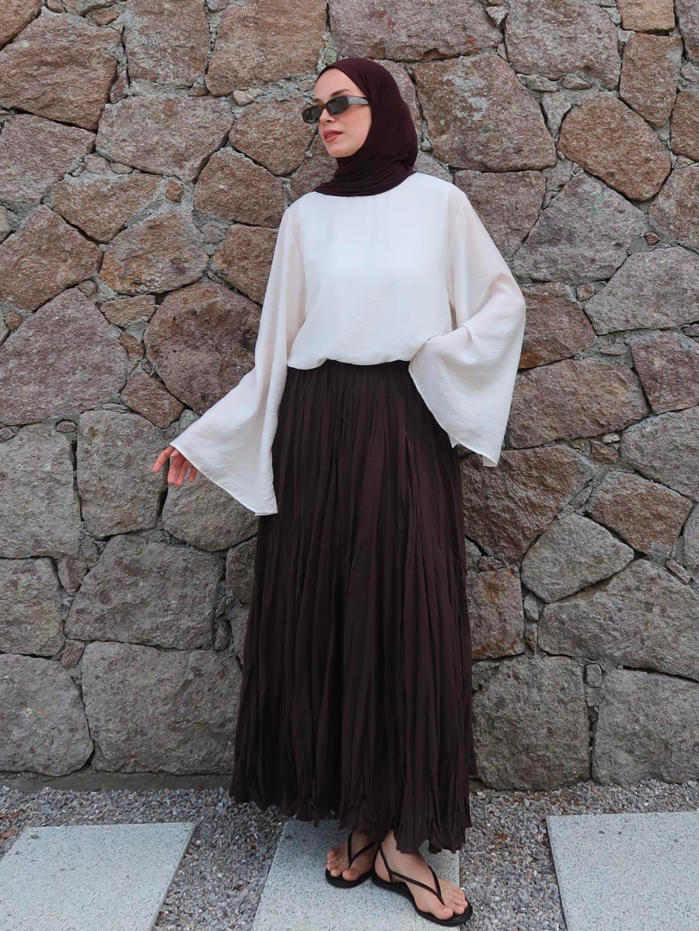 Defna Crush Pleated Skirt Dark Brown
