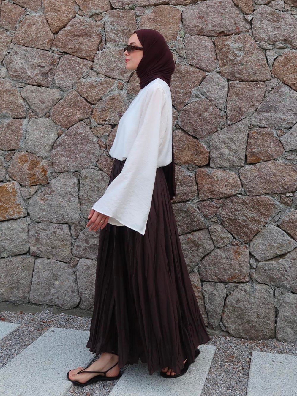 Defna Crush Pleated Skirt Dark Brown