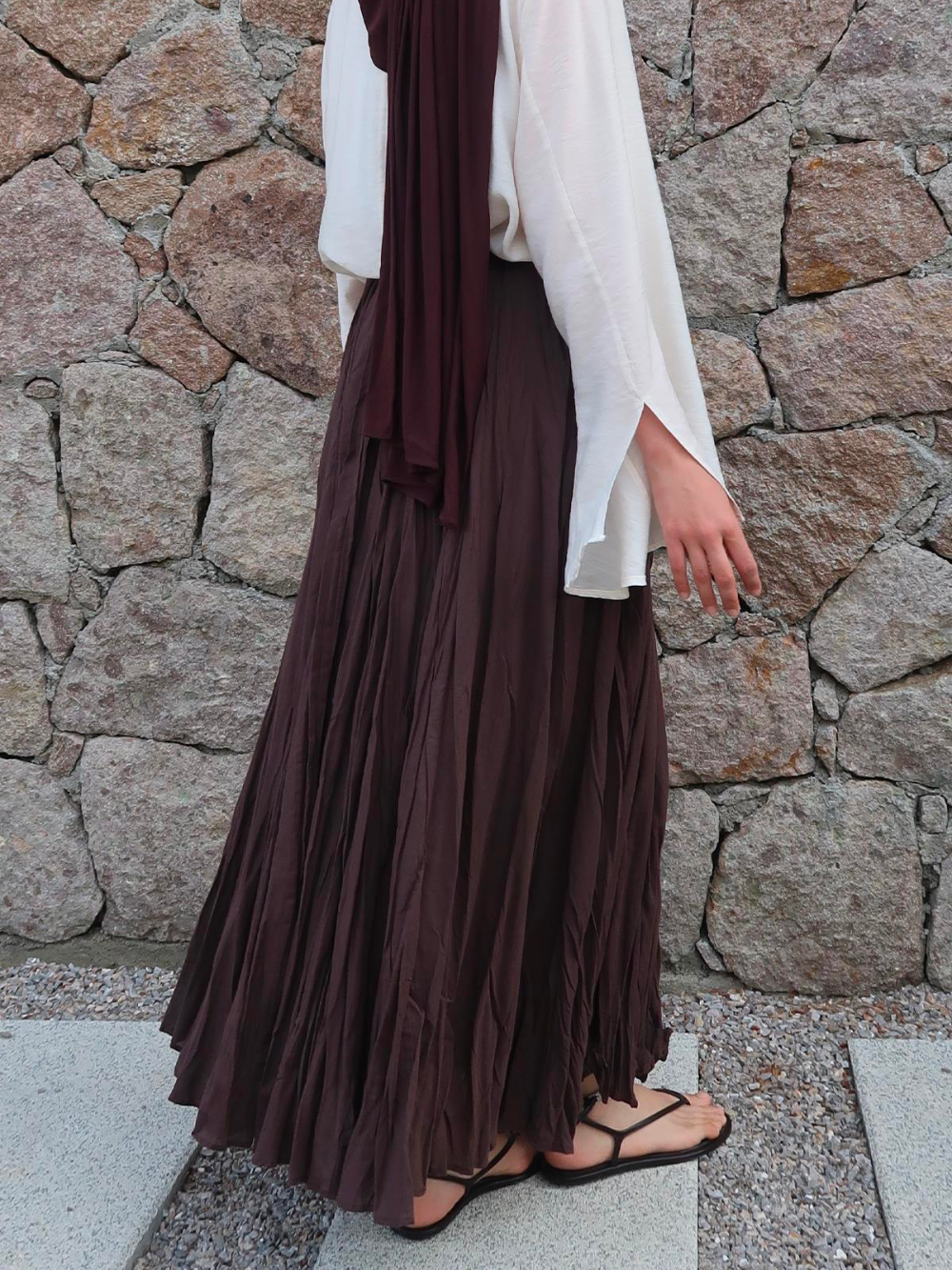 Defna Crush Pleated Skirt Dark Brown