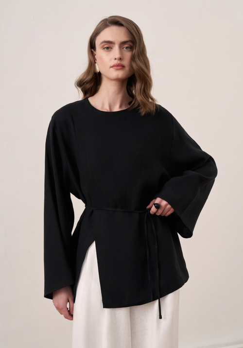 Aliza Belted Linen Blouse - Black