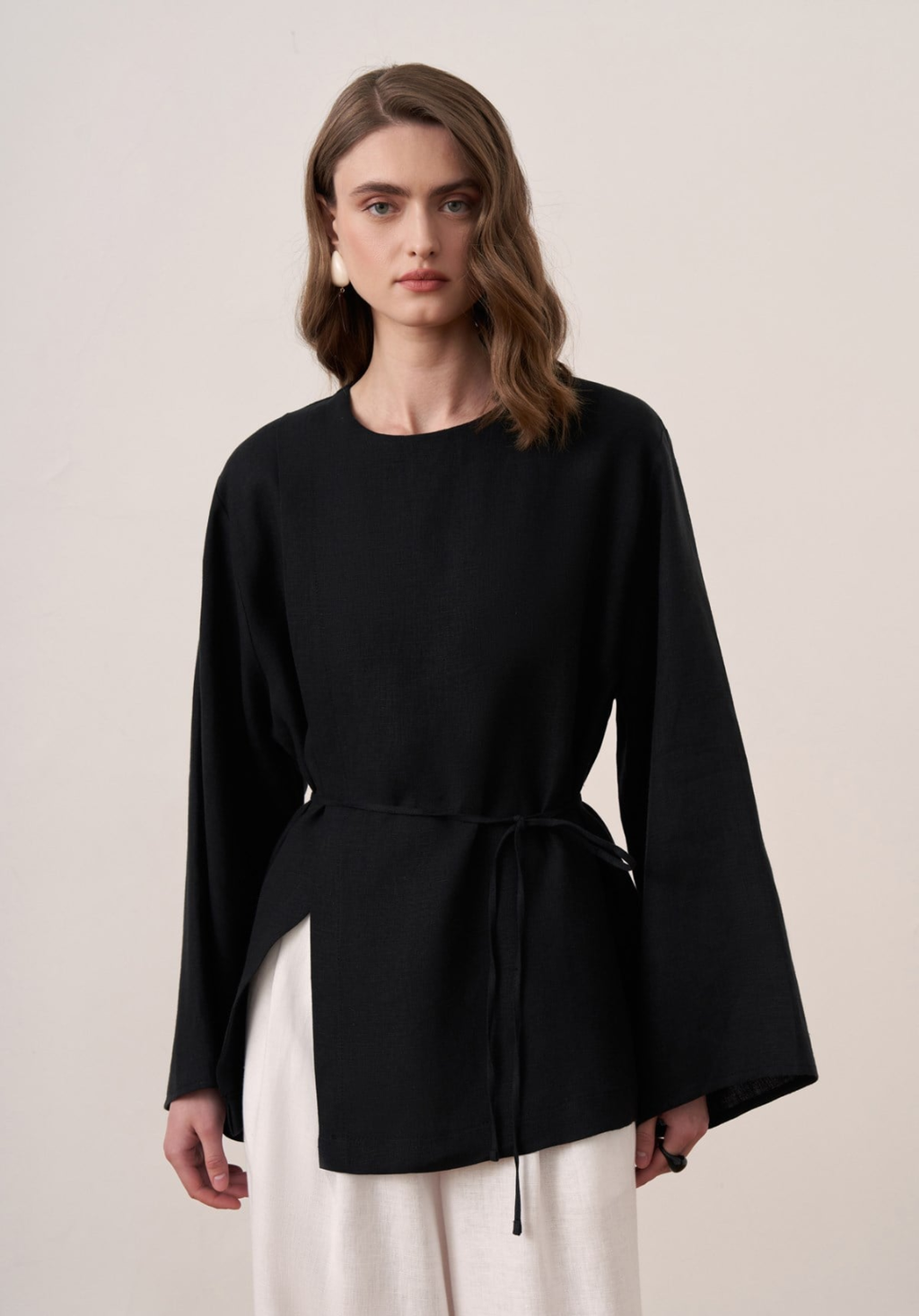 Aliza Belted Linen Blouse - Black