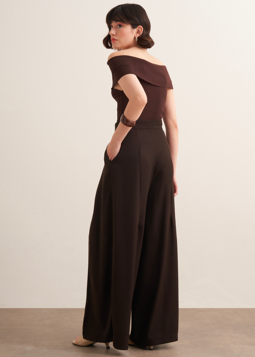 Lena Ruffled Wide Leg Trousers Brown