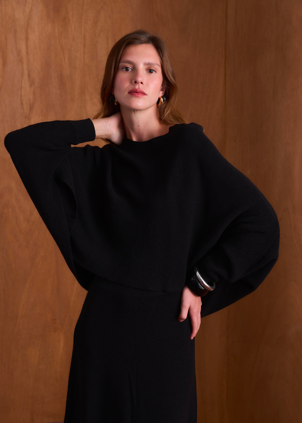 Snow Batwing Sleeve Knit Skirt Set – Black