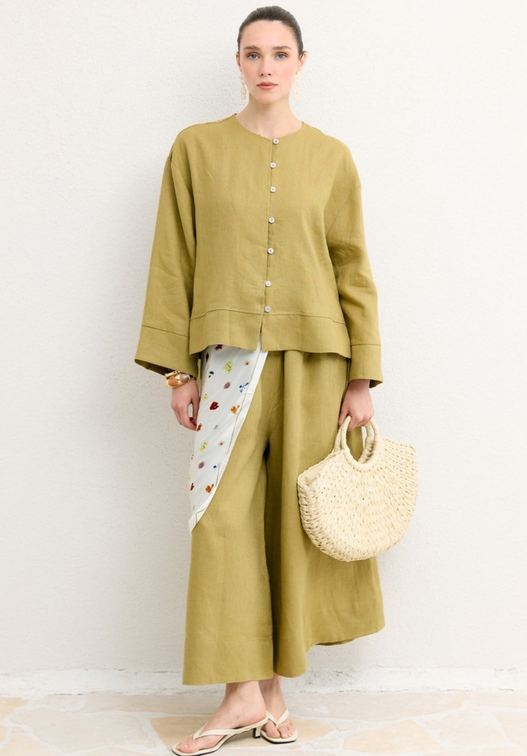 Hala Button Detail Organic Linen Shirt – Olive