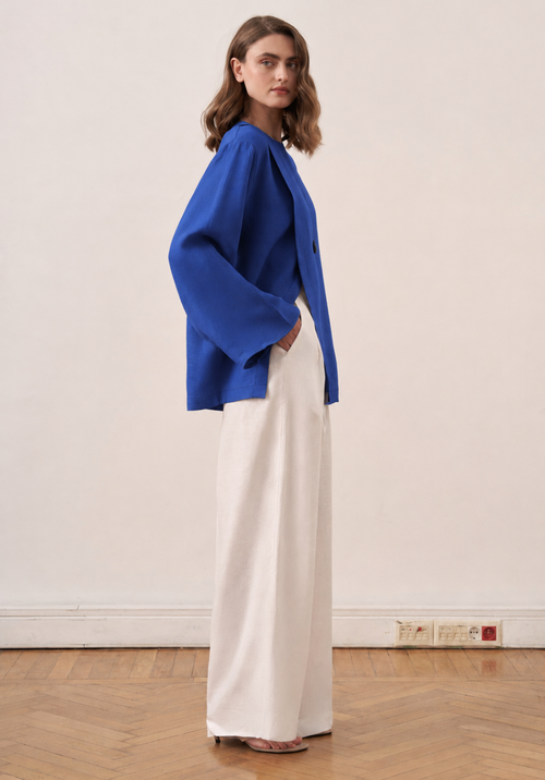 Aliza Belted Linen Blouse - Cobalt Blue