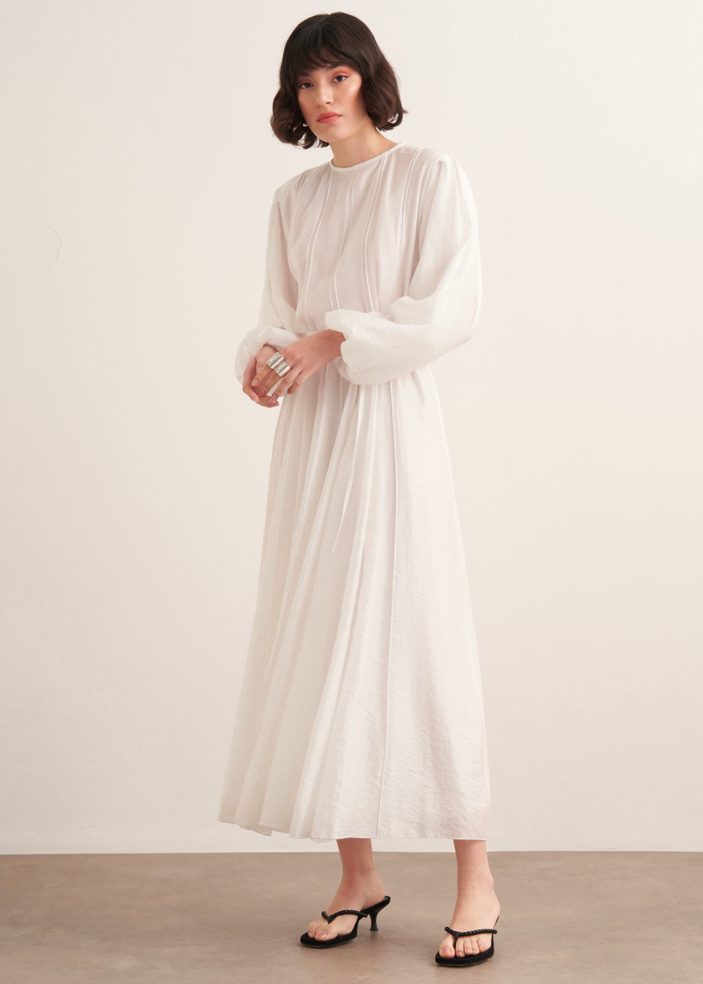 Maria Pintuck Detail Maxi Dress - Ecru
