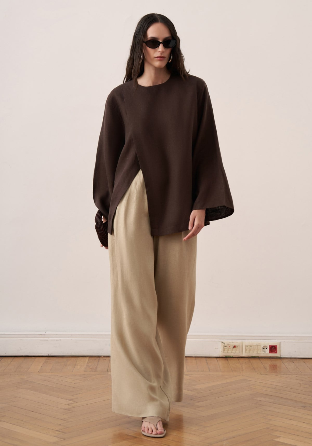 Aliza Belted Linen Blouse - Brown
