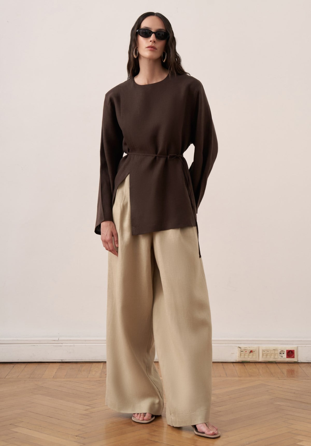 Aliza Belted Linen Blouse - Brown